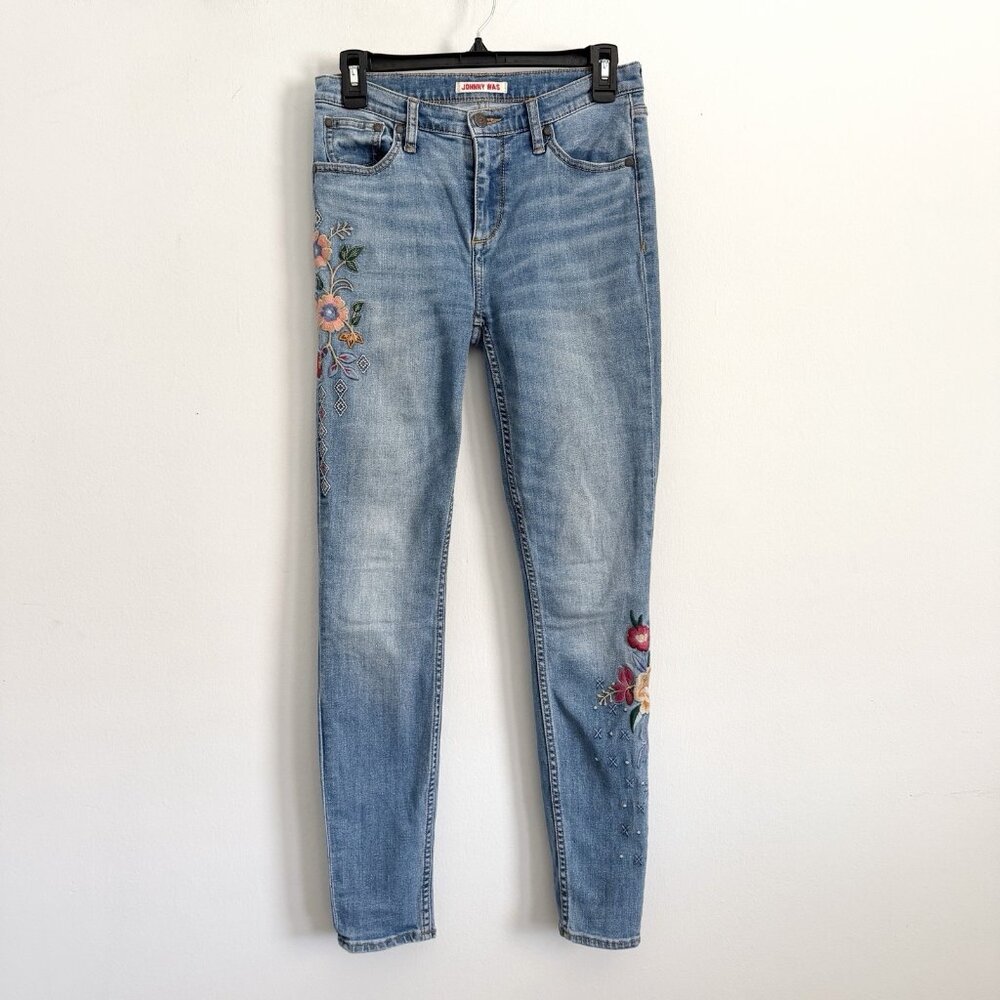 Johnny Was Blue Denim Skinny Jeans with Floral Embroidery Women’s Size 25